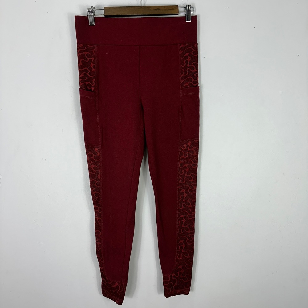 LOGO Layers Leggings Women XS Burgundy Lace Trim Pockets Athleisure Yoga Pants